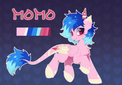 Size: 4144x2901 | Tagged: source needed, safe, artist:neverend, imported from derpibooru, oc, oc only, oc:momo, pony, :p, body markings, chest fluff, colored eartips, colored wings, cute, facial markings, female, heart eyes, heart mark, horns, leonine tail, looking at you, mare, raised hoof, solo, tail, tongue out, two toned wings, wingding eyes, wings