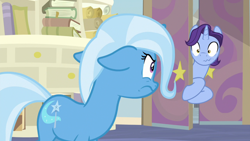 Size: 1920x1080 | Tagged: safe, imported from derpibooru, screencap, november rain, trixie, pony, unicorn, season 9, student counsel, spoiler:s09, angry, duo, female, floppy ears, friendship student, glare, male, mare, school of friendship, stallion, wavy mouth