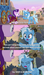 Size: 2000x3375 | Tagged: safe, edit, edited screencap, imported from derpibooru, screencap, starlight glimmer, trixie, pony, unicorn, road to friendship, season 8, angry, bojack horseman, caption, clothes, comic, duo, duo female, eyes closed, female, floppy ears, frown, high res, hoo'far's wagon, image macro, leaves, mare, messy mane, open mouth, pointing, raised hoof, reference, robe, screencap comic, stick, talking, text, vulgar