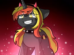 Size: 1600x1200 | Tagged: safe, artist:alex69vodka, imported from derpibooru, oc, oc only, oc:java, pony, unicorn, abstract background, collar, devil horns, female, looking at you, mare, smiling, spiked collar