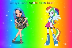 Size: 3000x2000 | Tagged: safe, artist:aaliyah_rosado, artist:magical-mama, artist:sugar-loop, artist:user15432, imported from derpibooru, rainbow dash, human, equestria girls, amaya raine, barely eqg related, bracelet, clothes, crossed arms, crossover, duo, hand on hip, hands on hip, high res, jewelry, looking at you, multicolored hair, pegasus wings, ponied up, rainbow background, rainbow hair, rainbow high, sparkly background, wings