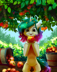 Size: 2629x3266 | Tagged: safe, artist:teaflower300, imported from derpibooru, oc, oc only, pony, unicorn, apple, apple tree, female, food, herbivore, high res, horn, open mouth, solo, tree, unicorn oc