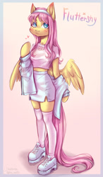 Size: 1452x2488 | Tagged: safe, artist:zefirka, imported from derpibooru, fluttershy, anthro, pegasus, plantigrade anthro, unguligrade anthro, arm hooves, clothes, cute, female, mare, miniskirt, shoes, shyabetes, skirt, socks, solo, thigh highs, thighs