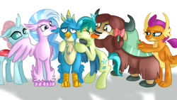 Size: 1600x900 | Tagged: safe, artist:jbond, imported from derpibooru, gallus, ocellus, sandbar, silverstream, smolder, yona, changedling, changeling, classical hippogriff, dragon, earth pony, griffon, hippogriff, pony, yak, assisted preening, bisexual, biting, bow, cloven hooves, colored hooves, dragoness, ear bite, eyes closed, female, gallstream, gallus gets all the creatures, grooming, hair bow, lesbian, licking, male, massage, monkey swings, nuzzling, ocellustream, polyamory, preening, shipping, simple background, stallion, straight, student six, student six omniship, teenaged dragon, teenager, tongue out, white background, yonabar, yonder