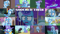 Size: 1280x721 | Tagged: safe, edit, edited screencap, editor:quoterific, imported from derpibooru, screencap, pharynx, trixie, changeling, pony, unicorn, boast busters, magic duel, no second prances, to change a changeling, to where and back again, alicorn amulet, bipedal, cape, clothes, collage, cup, duo, evil trixie, female, gritted teeth, hat, hissing, male, night, open mouth, school of friendship, shocked, solo, stick, teacup, teeth, trixie's cape, trixie's hat, twilight's castle