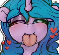 Size: 494x462 | Tagged: safe, artist:llametsul, imported from derpibooru, izzy moonbow, pony, unicorn, against glass, blushing, drool, eyes closed, eyeshadow, female, floating heart, floppy ears, fourth wall, g5, glass, happy, heart, licking, looking at you, makeup, mare, solo, sticker, taste buds, tongue out