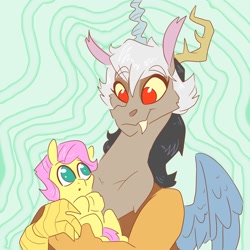 Size: 2000x2000 | Tagged: safe, artist:butter_mutter, imported from derpibooru, discord, fluttershy, draconequus, pegasus, pony, abstract background, baby, baby pony, butterscotch, eris, female, high res, looking at each other, rule 63