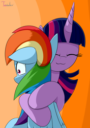 Size: 2480x3507 | Tagged: safe, artist:twidasher, imported from derpibooru, rainbow dash, twilight sparkle, pegasus, pony, :3, duo, eyes closed, female, gradient background, high res, hug, lesbian, mare, orange background, sad, shipping, signature, simple background, smiling, twidash