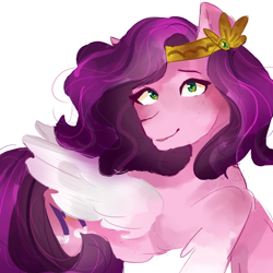 Size: 1000x1000 | Tagged: safe, artist:lunnaroses, imported from derpibooru, pipp petals, pegasus, pony, female, freckles, g5, looking at you, mare, raised hoof, simple background, smiling, solo, white background