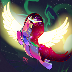 Size: 3000x3000 | Tagged: safe, artist:umbrapone, imported from derpibooru, radiance, oc, oc only, oc:galactic, alicorn, aurora borealis, backlighting, complex background, ethereal mane, galaxy mane, glowing eyes, glowing horn, glowing wings, gradient lineart, high res, horn, power ponies, shading, solo, stars, wings