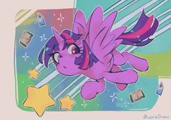 Size: 1884x1327 | Tagged: safe, artist:lexiedraw, imported from derpibooru, twilight sparkle, alicorn, pony, book, female, flying, looking back, mare, solo, stars, twilight sparkle (alicorn)