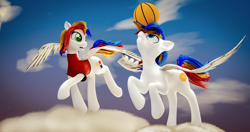 Size: 4096x2160 | Tagged: safe, artist:twilighlot, imported from derpibooru, oc, oc only, pegasus, pony, 3d, basketball, blender, cloud, commission, duo, on a cloud, pegas, sky, sports