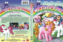 Size: 950x635 | Tagged: safe, imported from derpibooru, baby lickety split, hydia, molly williams, shady, smooze (g1), sundance, sweet stuff, earth pony, human, pony, skunk, twinkle eyed pony, my little pony: the movie (g1), animal, bow, castle, dvd cover, g1, ponyland, rhino home video, sunbow, tail bow