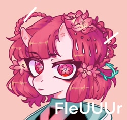 Size: 1999x1880 | Tagged: safe, artist:fleuuur, imported from derpibooru, oc, oc only, pony, braid, bust, cherry blossoms, clothes, ear fluff, eyebrows, eyebrows visible through hair, flower, flower blossom, horns, obtrusive watermark, portrait, solo, watermark