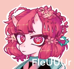 Size: 1999x1880 | Tagged: safe, alternate version, artist:fleuuur, imported from derpibooru, oc, oc only, pony, braid, bust, cherry blossoms, clothes, ear fluff, eyebrows, eyebrows visible through hair, flower, flower blossom, horns, obtrusive watermark, portrait, solo, watermark