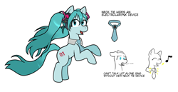 Size: 1738x894 | Tagged: safe, artist:scraggleman, imported from derpibooru, earth pony, pony, accessories, accessory, anime, hatsune miku, headcanon, headphones, necktie, pigtails, solo, text, vocaloid