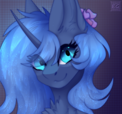 Size: 2304x2160 | Tagged: safe, artist:elektra-gertly, imported from derpibooru, princess luna, alicorn, pony, chest fluff, cute, ear fluff, eye clipping through hair, female, flower, flower in hair, high res, looking at you, lunabetes, mare, smiling, smiling at you, solo