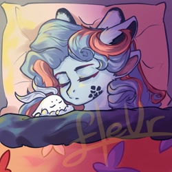 Size: 2048x2048 | Tagged: safe, artist:fleuuur, imported from derpibooru, oc, oc only, original species, pony, bed, ear fluff, facial markings, female, high res, mare, multiple ears, obtrusive watermark, pillow, sleeping, solo, watermark