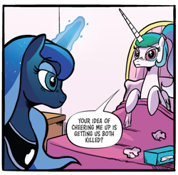 Size: 742x729 | Tagged: safe, idw, imported from derpibooru, princess celestia, princess luna, alicorn, spoiler:comic, spoiler:comic98, alternate hairstyle, bed, cropped, cropped comic, crying, out of context, sad, sadlestia, speech bubble, teary eyes, tissue, tissue box