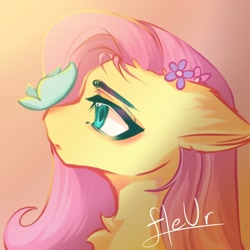 Size: 2048x2048 | Tagged: safe, artist:fleuuur, imported from derpibooru, fluttershy, butterfly, pegasus, pony, bust, chest fluff, cute, daaaaaaaaaaaw, ear fluff, female, flower, flower in hair, high res, mare, no nose, no nostrils, obtrusive watermark, portrait, shyabetes, solo, watermark