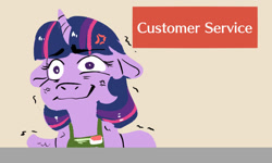 Size: 1024x615 | Tagged: safe, artist:miyathegoldenflower, imported from derpibooru, twilight sparkle, alicorn, pony, apron, clothes, cross-popping veins, customer service, eye twitch, female, mare, solo, stressed, twilight sparkle (alicorn)