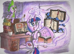 Size: 2340x1700 | Tagged: safe, artist:starpaintart, imported from derpibooru, spike, twilight sparkle, alicorn, dragon, pony, book, chair, chocolate, coffee mug, desk, drink, duo, female, food, heart eyes, hot chocolate, levitation, looking back, magic, male, mare, mug, open mouth, open smile, sitting, smiling, telekinesis, traditional art, twilight sparkle (alicorn), whipped cream, wingding eyes