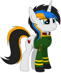 Size: 1228x1482 | Tagged: safe, artist:lonebigcity, imported from derpibooru, oc, oc only, oc:nova marigold, pony, unicorn, clothes, eye clipping through hair, female, horn, mare, simple background, smiling, solo, transparent background, unicorn oc, uniform