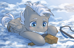 Size: 5475x3544 | Tagged: safe, artist:aquoquoo, imported from derpibooru, chipcutter, pegasus, pony, absurd resolution, cloud, colt, foal, hammer, lying down, lying on a cloud, male, on a cloud, prone, solo