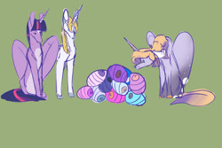 Size: 1280x854 | Tagged: safe, artist:weiloska, imported from derpibooru, prince blueblood, twilight sparkle, oc, oc:golden glory, unnamed oc, alicorn, pony, unicorn, baby, baby pony, family, female, green background, male, offspring, offspring's offspring, parent:oc:golden glory, parent:prince blueblood, parent:twilight sparkle, parents:oc x oc, parents:twiblood, shipping, simple background, straight, twiblood, twilight is not amused, twilight sparkle (alicorn), twilight sparkle is not amused, unamused