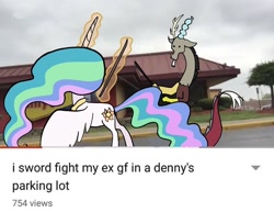 Size: 1080x833 | Tagged: safe, edit, edited screencap, imported from derpibooru, screencap, discord, princess celestia, alicorn, draconequus, pony, caption, cloud, cloudy, crappy art, denny's, female, grammar error, implied dislestia, implied shipping, implied straight, magic, male, mare, meme, parking lot, real life background, wooden sword, youtube caption