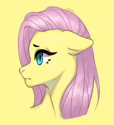 Size: 1239x1356 | Tagged: safe, artist:sannoe, imported from derpibooru, fluttershy, pegasus, pony, bust, female, floppy ears, frown, mare, portrait, sad, simple background, solo, yellow background