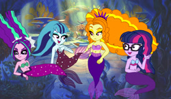 Size: 2500x1447 | Tagged: safe, artist:bigpurplemuppet99, imported from derpibooru, adagio dazzle, aria blaze, sci-twi, sonata dusk, twilight sparkle, mermaid, equestria girls, mermaidized, pigtails, species swap, the dazzlings, twintails