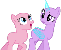 Size: 748x617 | Tagged: safe, artist:shiibases, imported from derpibooru, oc, oc only, alicorn, earth pony, pony, alicorn oc, bald, base, confused, duo, duo female, earth pony oc, eyelashes, female, frown, horn, looking back, looking up, mare, open mouth, open smile, simple background, smiling, transparent background, wings