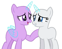 Size: 878x705 | Tagged: safe, artist:shiibases, imported from derpibooru, oc, oc only, alicorn, pony, unicorn, alicorn oc, bald, base, duo, duo female, eyelashes, female, grin, horn, looking at each other, mare, open mouth, open smile, raised hoof, simple background, smiling, smiling at each other, transparent background, unicorn oc, wings