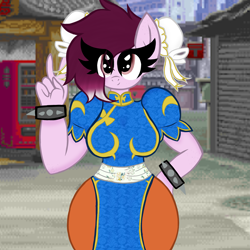 Size: 3543x3543 | Tagged: safe, artist:chubbehbunneh16, imported from derpibooru, oc, oc only, anthro, original species, shark, shark pony, chun li, clothes, cosplay, costume, female, high res, looking at you, smiling, smiling at you, solo, street fighter, video game character