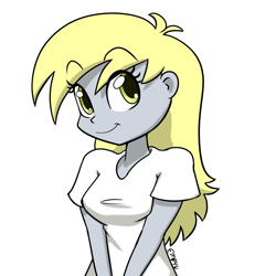 Size: 800x800 | Tagged: safe, artist:empyu, imported from derpibooru, derpy hooves, equestria girls, bust, clothes, cute, derpabetes, eyebrows, eyebrows visible through hair, female, looking at you, portrait, shirt, simple background, smiling, smiling at you, solo, t-shirt, underp, white background