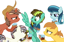 Size: 1218x804 | Tagged: safe, artist:pegasski, imported from derpibooru, oc, oc only, oc:anna autumn, oc:aqua haze, oc:galaxy gleam, oc:softbox, earth pony, pegasus, pony, unicorn, fallout equestria, annoyed, base used, clothes, earth pony oc, ethereal mane, eyelashes, female, flying, hat, horn, jumpsuit, looking back, mare, pegasus oc, simple background, starry mane, transparent background, unicorn oc, universe pony, vault suit, wings