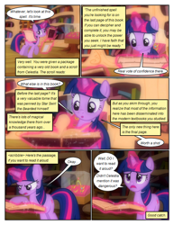 Size: 612x792 | Tagged: safe, artist:newbiespud, edit, edited screencap, imported from derpibooru, screencap, twilight sparkle, pony, unicorn, comic:friendship is dragons, magical mystery cure, book, bookcase, bookshelf, comic, dialogue, element of generosity, element of honesty, element of kindness, element of laughter, element of loyalty, element of magic, elements of harmony, eyelashes, female, glowing horn, golden oaks library, horn, implied princess celestia, indoors, magic, magic aura, mare, open mouth, quill, raised hoof, screencap comic, telekinesis, unicorn twilight