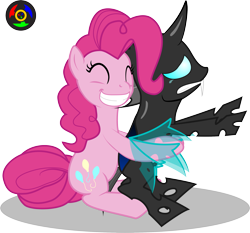 Size: 2433x2271 | Tagged: safe, artist:kyoshyu, imported from derpibooru, pinkie pie, changeling, pony, hug, simple background, transparent background, vector