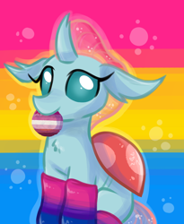 Size: 900x1100 | Tagged: safe, artist:rainbow eevee, imported from ponybooru, ocellus, changedling, changeling, bisexual, clothes, cookie, cute, digital art, female, food, lesbian, looking at you, mouth hold, pansexual, pansexual pride flag, pride, pride flag, pride month, smiling, socks, solo