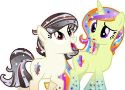 Size: 855x613 | Tagged: safe, artist:pegasski, imported from derpibooru, oc, oc only, oc:equanimity nova, oc:galaxy gleam, earth pony, pony, unicorn, base used, confused, duo, duo female, earth pony oc, ethereal mane, eyelashes, female, horn, looking up, mare, open mouth, open smile, simple background, smiling, starry mane, transparent background, unicorn oc, universe pony