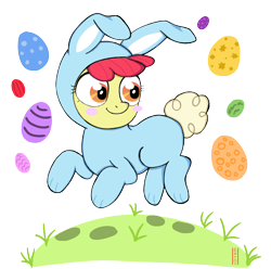 Size: 1280x1271 | Tagged: safe, artist:entous-art, imported from derpibooru, apple bloom, earth pony, pony, adorabloom, animal costume, blush sticker, blushing, bunny bloom, bunny costume, clothes, costume, cute, easter, easter egg, egg, female, filly, holiday