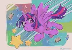 Size: 1280x902 | Tagged: safe, artist:lexiedraw, imported from derpibooru, twilight sparkle, alicorn, pony, book, flying, solo, stars, twilight sparkle (alicorn)