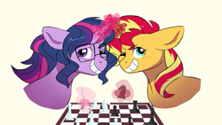 Size: 1189x669 | Tagged: safe, artist:little-tweenframes, artist:vovanpetuh, edit, editor:hotkinkajou, sci-twi, sunset shimmer, twilight sparkle, pony, series:sciset diary, /mlp/, blushing, chess, equestria girls ponified, female, levitation, magic, nerd, nerd pony, ponified, sunsetsparkle, telekinesis, unofficial edits thread