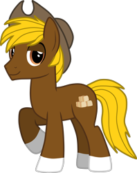 Size: 2828x3577 | Tagged: safe, artist:feathertrap, imported from ponybooru, oc, oc only, oc:acres, earth pony, pony, blonde, blonde mane, blonde tail, brown coat, cowboy hat, earth pony oc, gift art, hat, looking at you, male, raised hoof, raised leg, simple background, smiling, solo, stallion, transparent background, vector