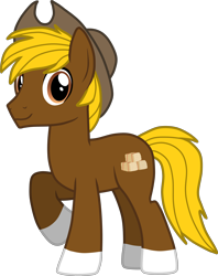 Size: 2828x3577 | Tagged: safe, artist:feathertrap, imported from ponybooru, oc, oc only, oc:acres, earth pony, pony, blonde, blonde mane, blonde tail, brown coat, cowboy hat, earth pony oc, gift art, hat, looking at you, male, raised hoof, raised leg, simple background, smiling, solo, stallion, transparent background, vector