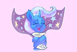 Size: 2390x1617 | Tagged: artist needed, safe, edit, editor:edits of hate, editor:unofficial edits thread, imported from ponybooru, trixie, pony, unicorn, /mlp/, bust, cape, clothes, female, hug, mare, paper, pink background, self-hugging, simple background, solo, trixie's cape, unofficial edits thread, wholesome