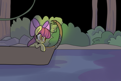 Size: 1280x853 | Tagged: safe, artist:lunawoonanight, imported from derpibooru, apple bloom, earth pony, firefly (insect), insect, pony, blushing, boat, female, filly, lantern, solo