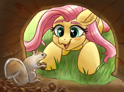 Size: 1890x1417 | Tagged: safe, artist:dandy, imported from derpibooru, fluttershy, pegasus, pony, squirrel, acorn, atg 2021, blushing, bushy brows, cute, daaaaaaaaaaaw, duo, featured image, female, happy, heart eyes, looking at each other, mare, newbie artist training grounds, open mouth, open smile, shyabetes, smiling, smiling at each other, sweet dreams fuel, wingding eyes