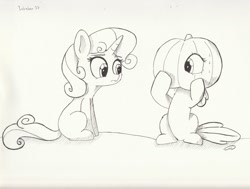 Size: 1280x968 | Tagged: safe, artist:taurson, imported from derpibooru, apple bloom, sweetie belle, earth pony, pony, unicorn, duo, duo female, female, filly, looking at each other, pumpkin, sketch